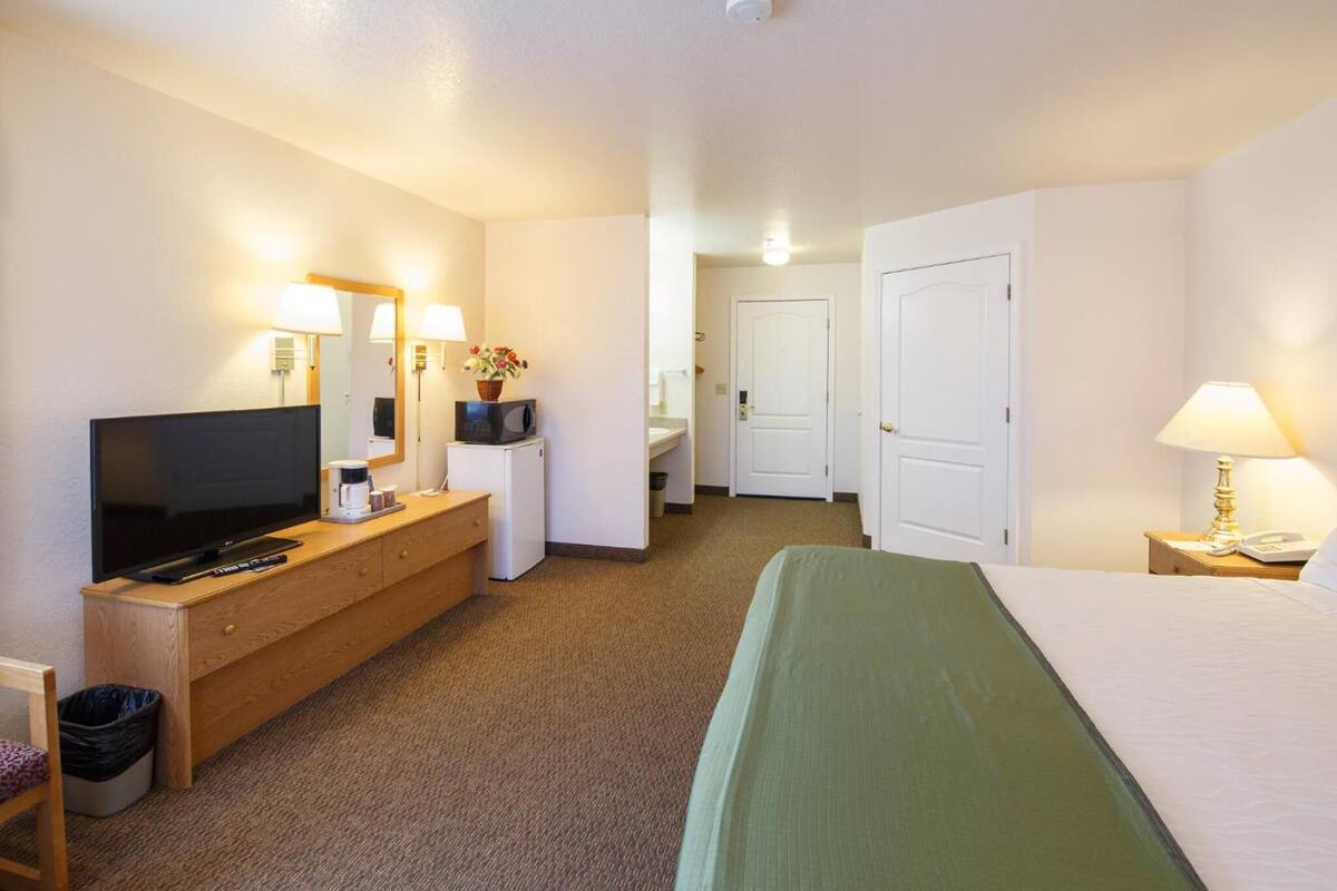 Une chambre d’hôtel équipée d’un lit, d’une télévision, d’un bureau avec un ordinateur, d’une lampe et d’un miroir.