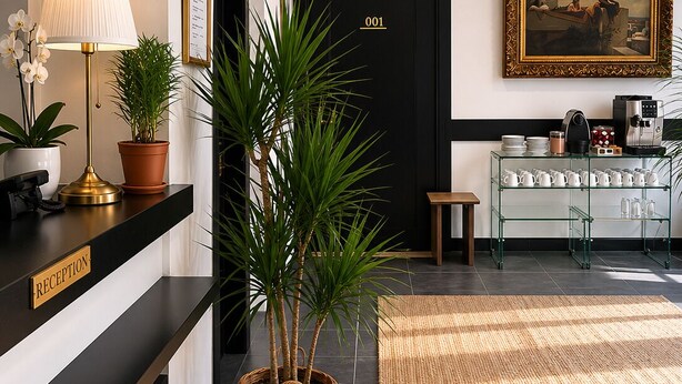 Zona de recepción con mostrador, una planta en maceta, lámpara, reposapiés verde, puerta negra, cuadro enmarco y estación de café.