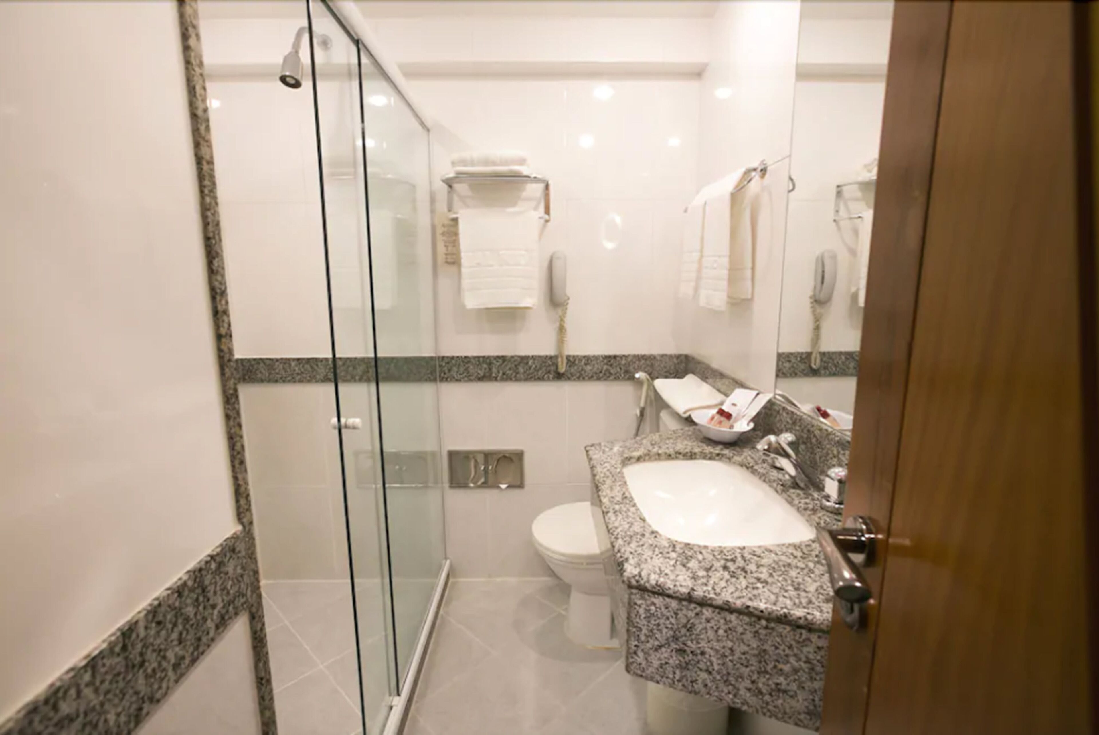 A modern bathroom with a glass shower enclosure, a granite countertop sink, and a toilet.