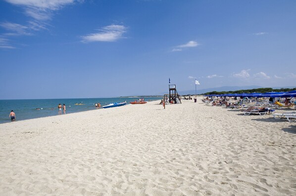 On the beach, sun-loungers, beach umbrellas, windsurfing