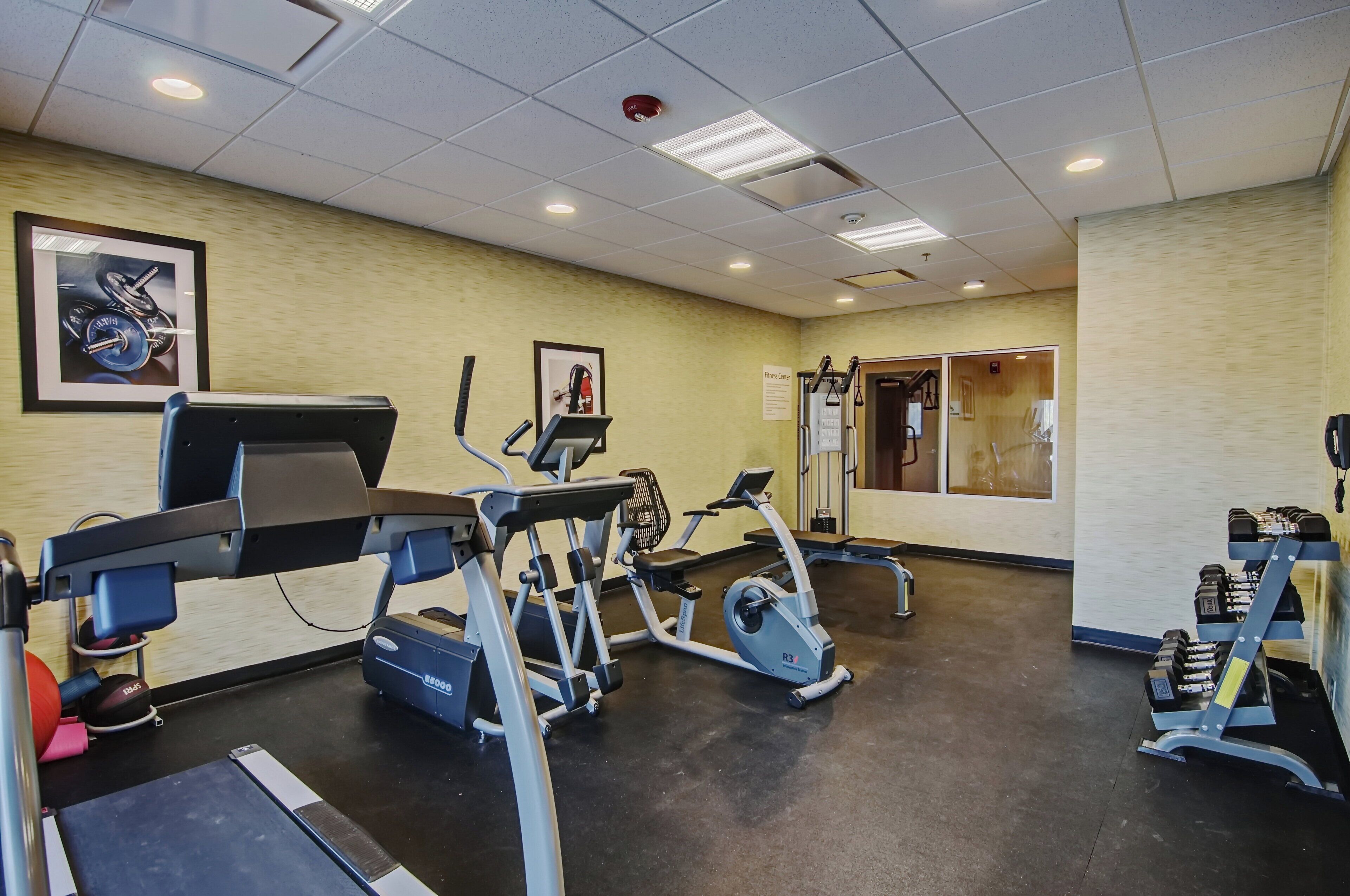 A fitness center with cardio machines, weightlifting equipment, and a treadmill.