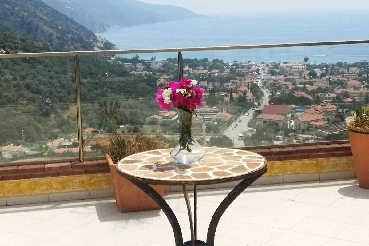 A balcony with a table and potted plants, overlooking a coastal town and mountains.