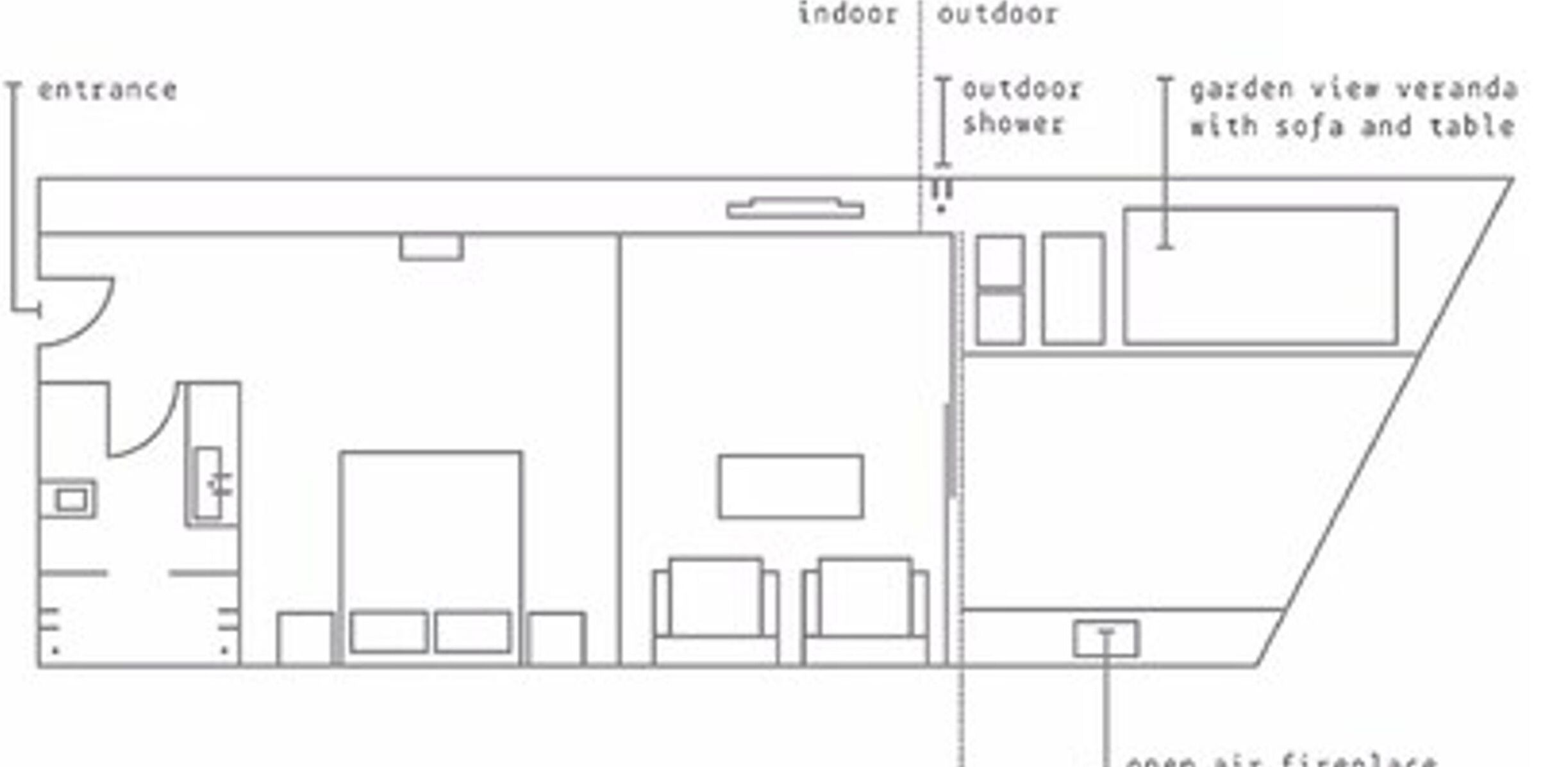 A floor plan with an entrance, indoor and outdoor areas, a garden view veranda with a sofa and table, and an air fireplace.