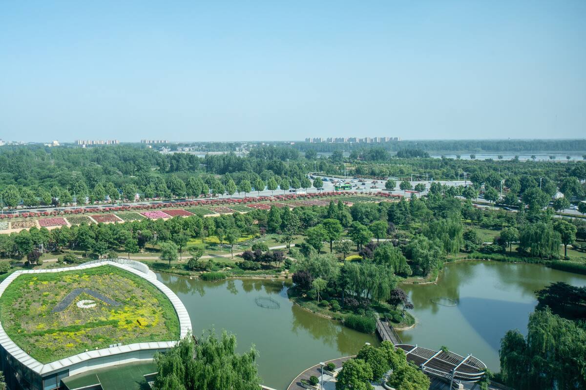 A large park with multiple ponds, walking paths, and a central green space.