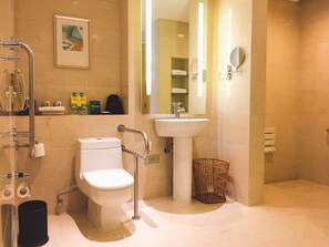 Shower, hair dryer, bathrobes, slippers