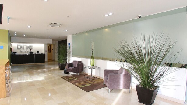Zona de recepción de hotel con mostrador, dos sillones, una mesita y una planta en maceta.