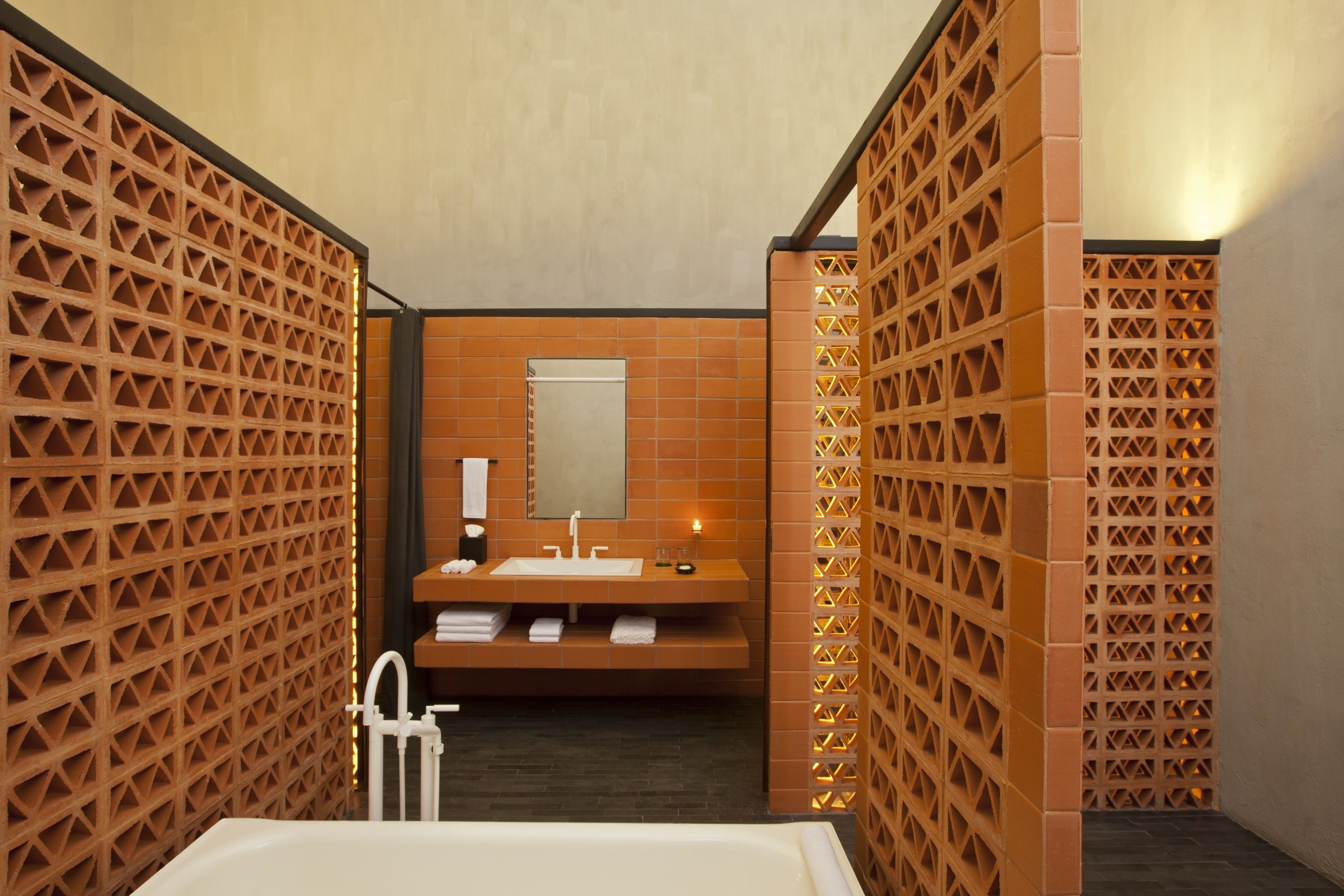 rainfall showerhead, designer toiletries, hair dryer, bathrobes