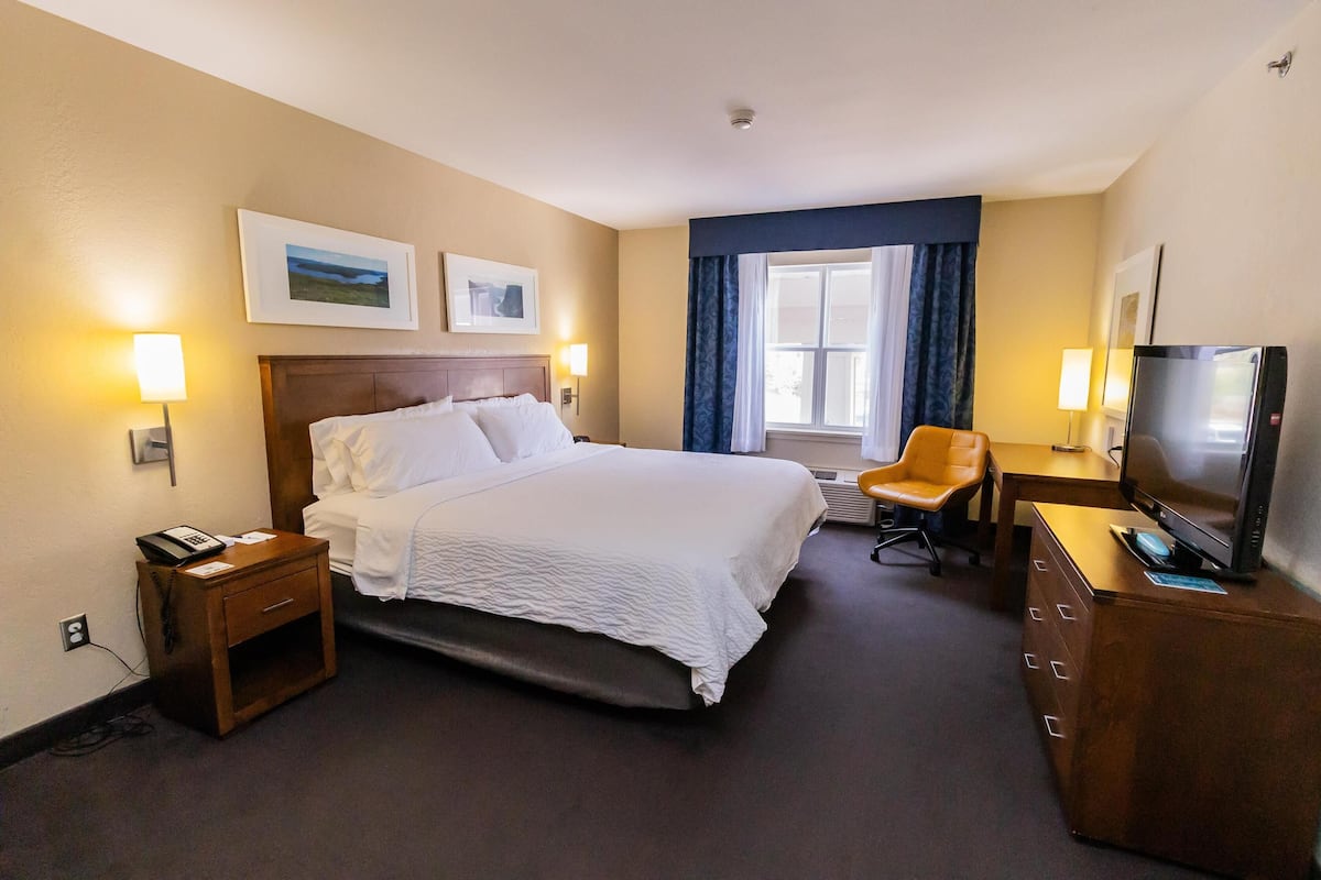 A hotel room with a large bed, a desk with a television, a chair, and two wall-mounted lamps.