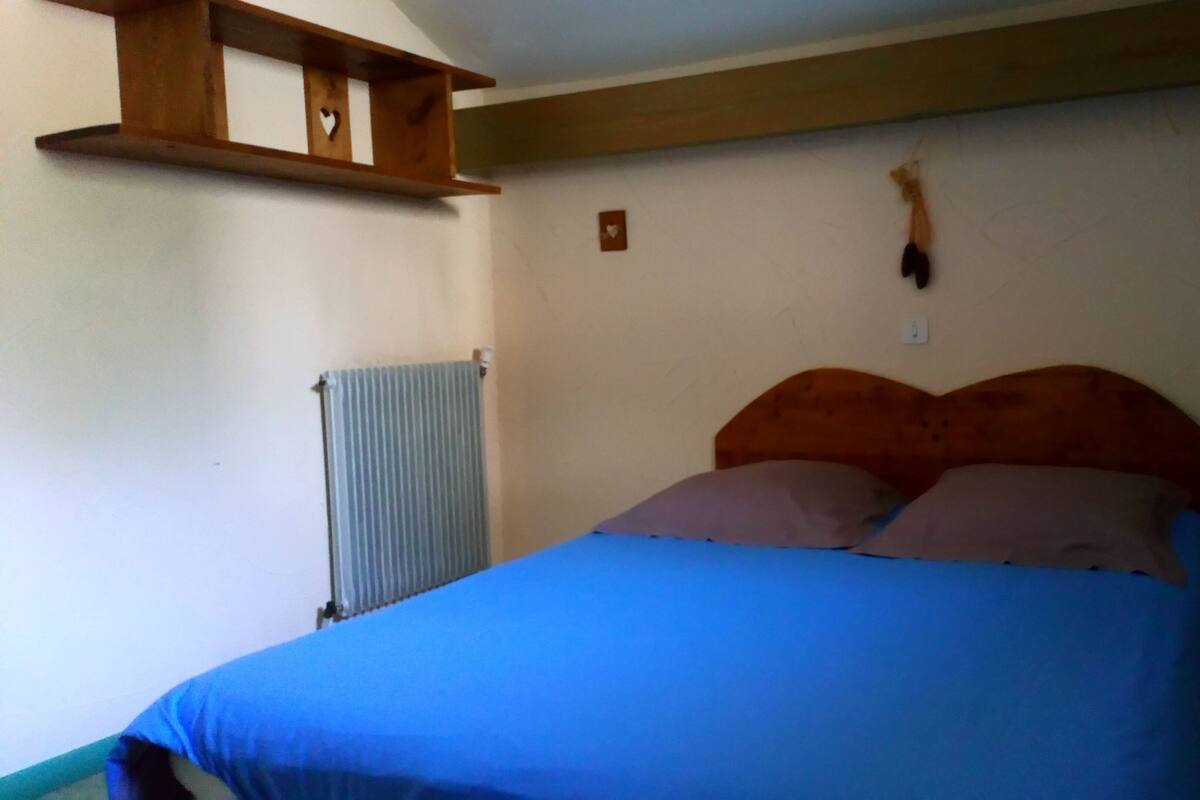 Una camera da letto con un letto, uno scaffale in legno, un termosifone e un punto luce a parete.