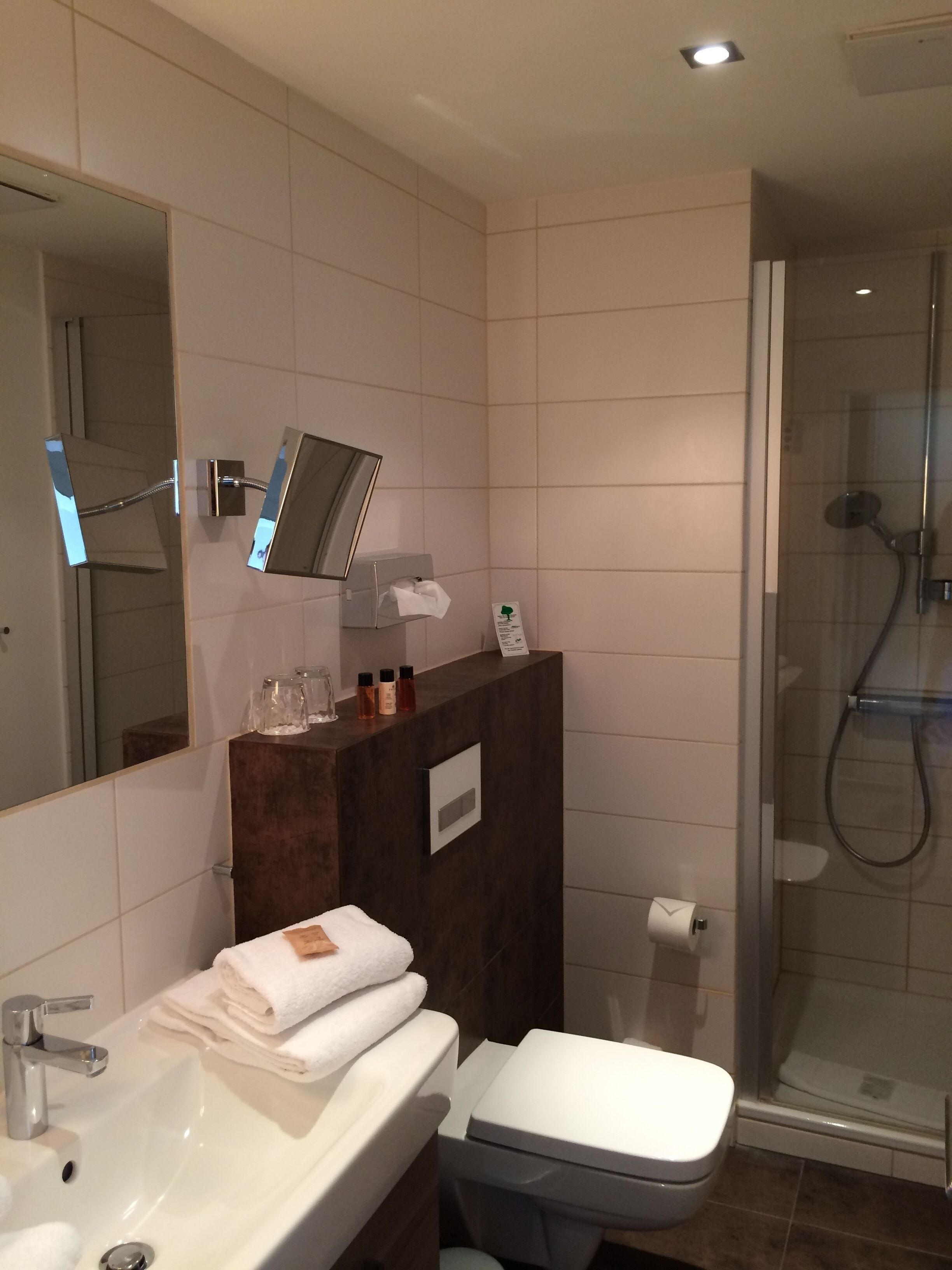 A modern bathroom with a sink, toilet, and shower.