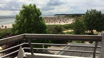 Blick vom Balkon auf einen Strand mit kreisförmig angeordneten Liegestühlen und einem Sandstrand.