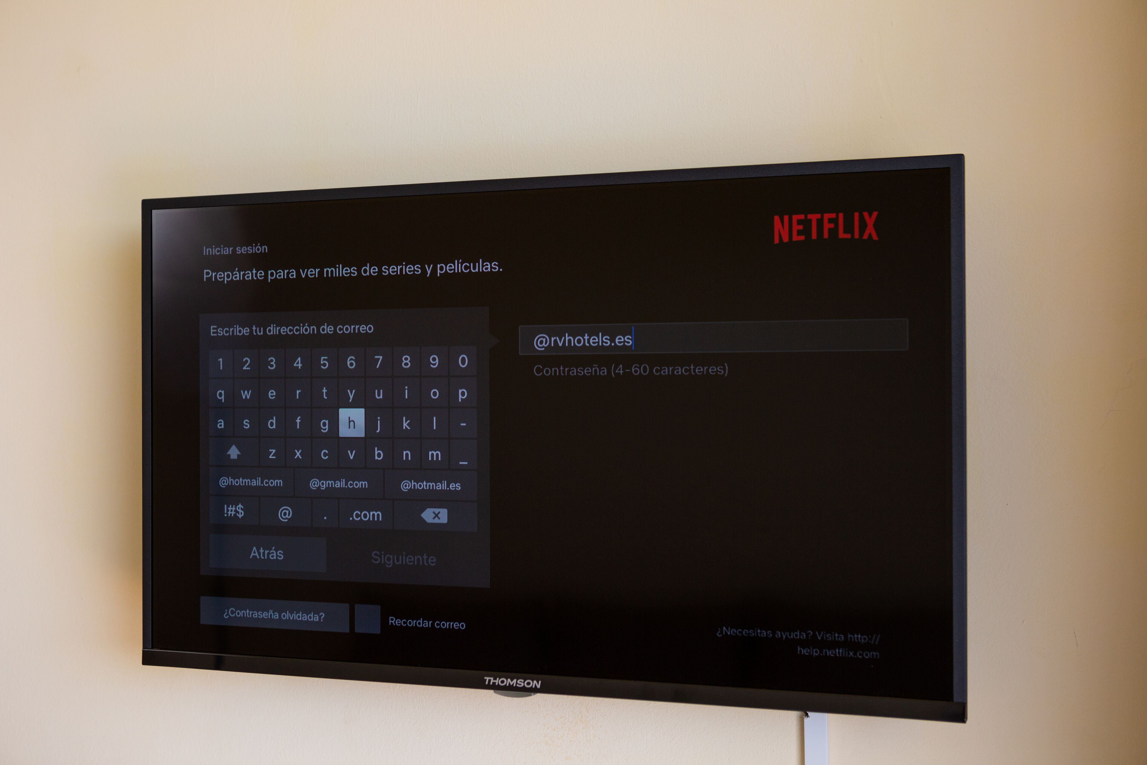 Et tv-skærm der viser Netflix-login med et tastatur og et felt til e-mailadresse.