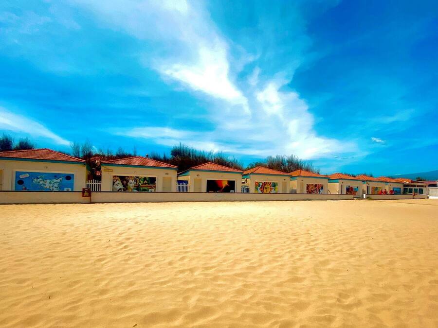 Beach nearby, sun-loungers, beach umbrellas, windsurfing