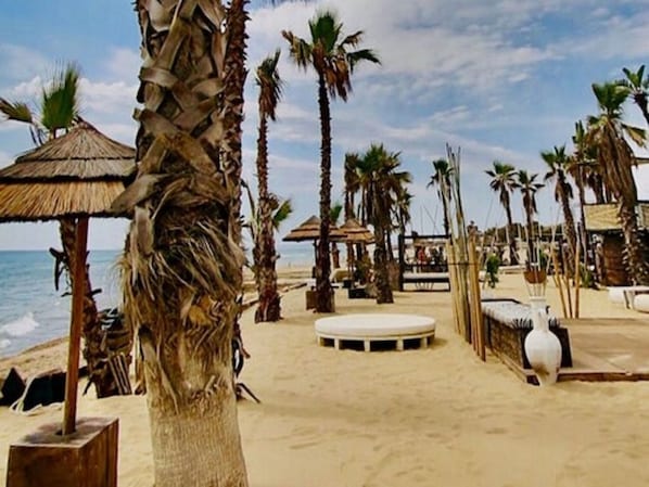 Vlak bij het strand, ligstoelen aan het strand, parasols, windsurfen