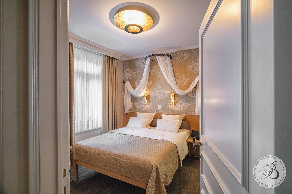 A hotel room with a large bed, a nightstand, a lamp, and a ceiling light fixture.