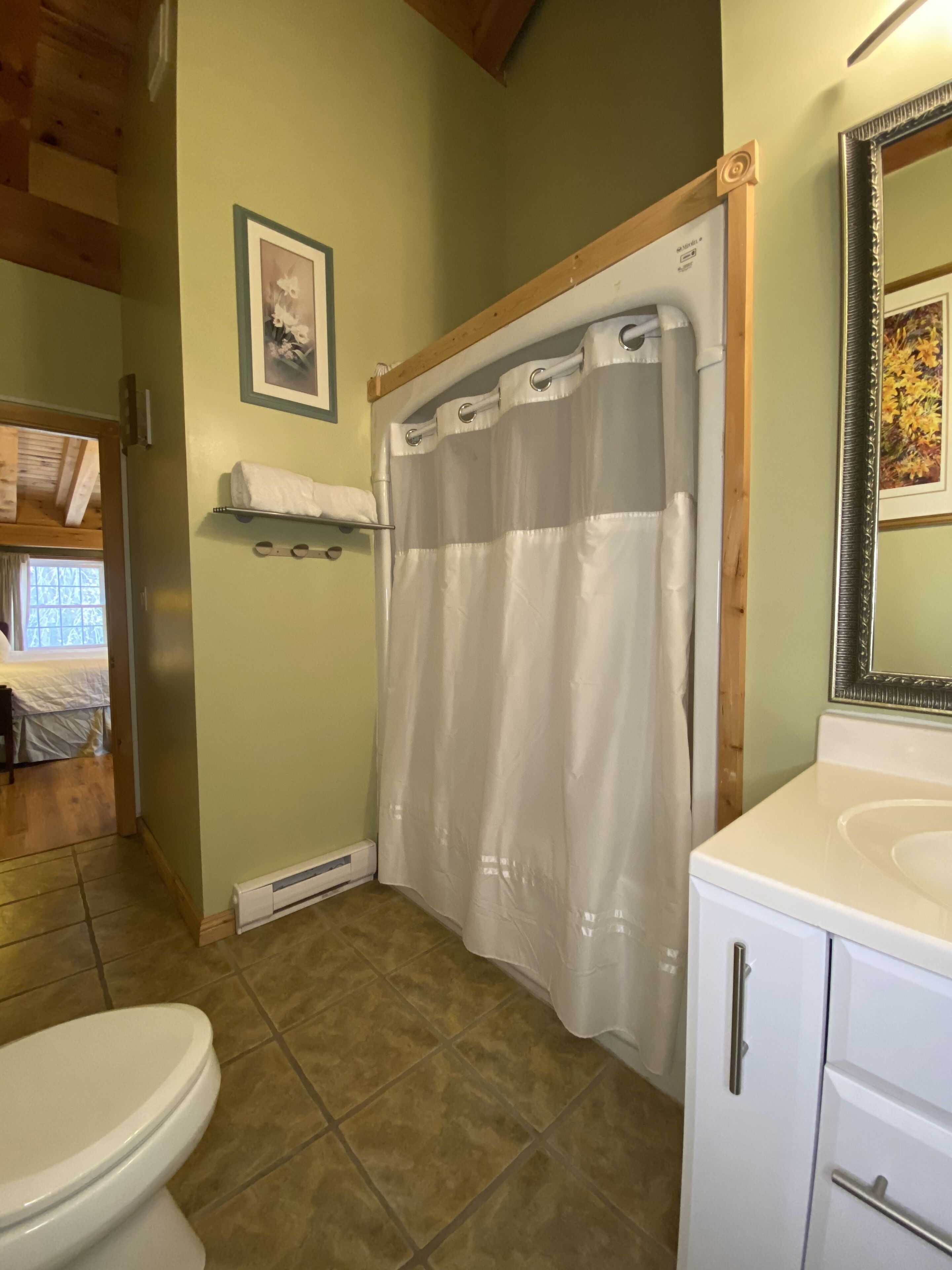 Un bagno con il water, tenda della doccia e un lavandino con specchio.