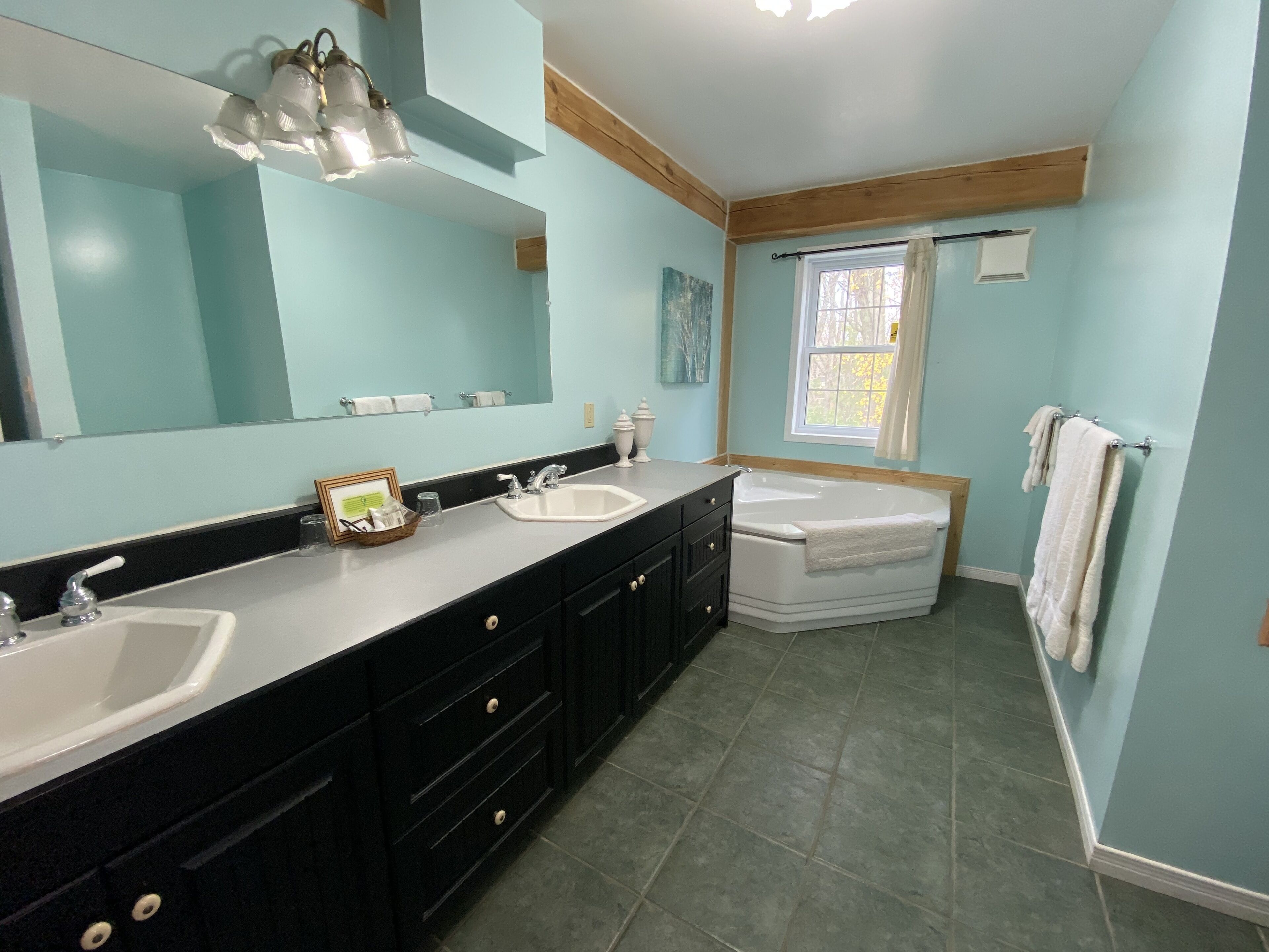 Une salle de bain avec deux lavabos, une baignoire et un grand miroir.