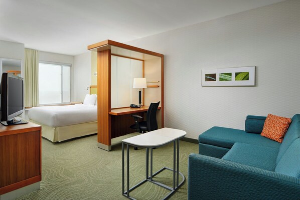 Una habitación de hotel con cama, escritorio, silla, televisor y sofá.