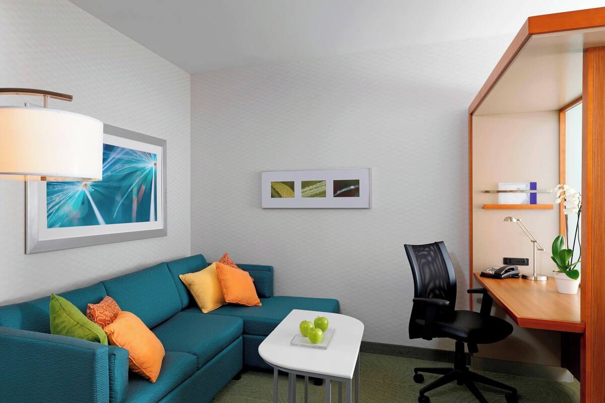 A modern hotel room with a teal sofa, a small white table with apples, a desk with a lamp, and a potted plant.