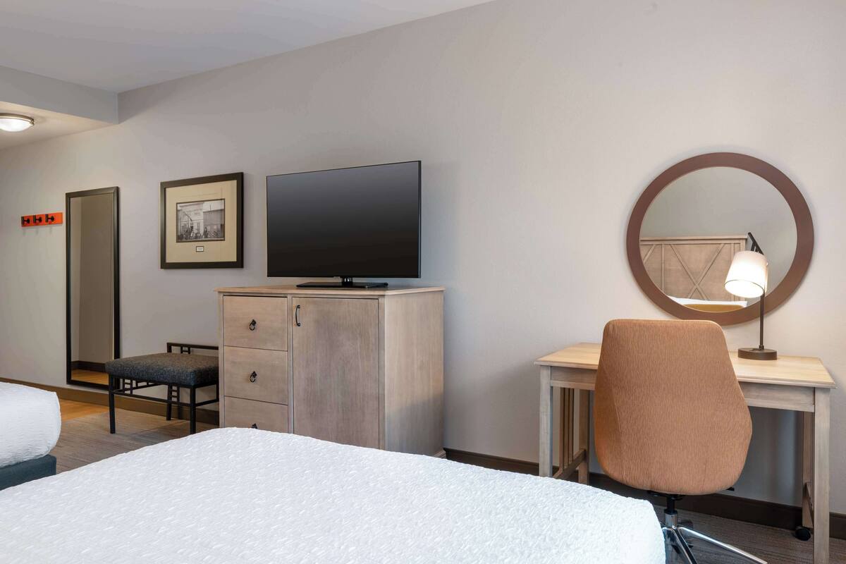 A hotel room with a bed, a desk with a chair, a television, a mirror, and a framed picture on the wall.