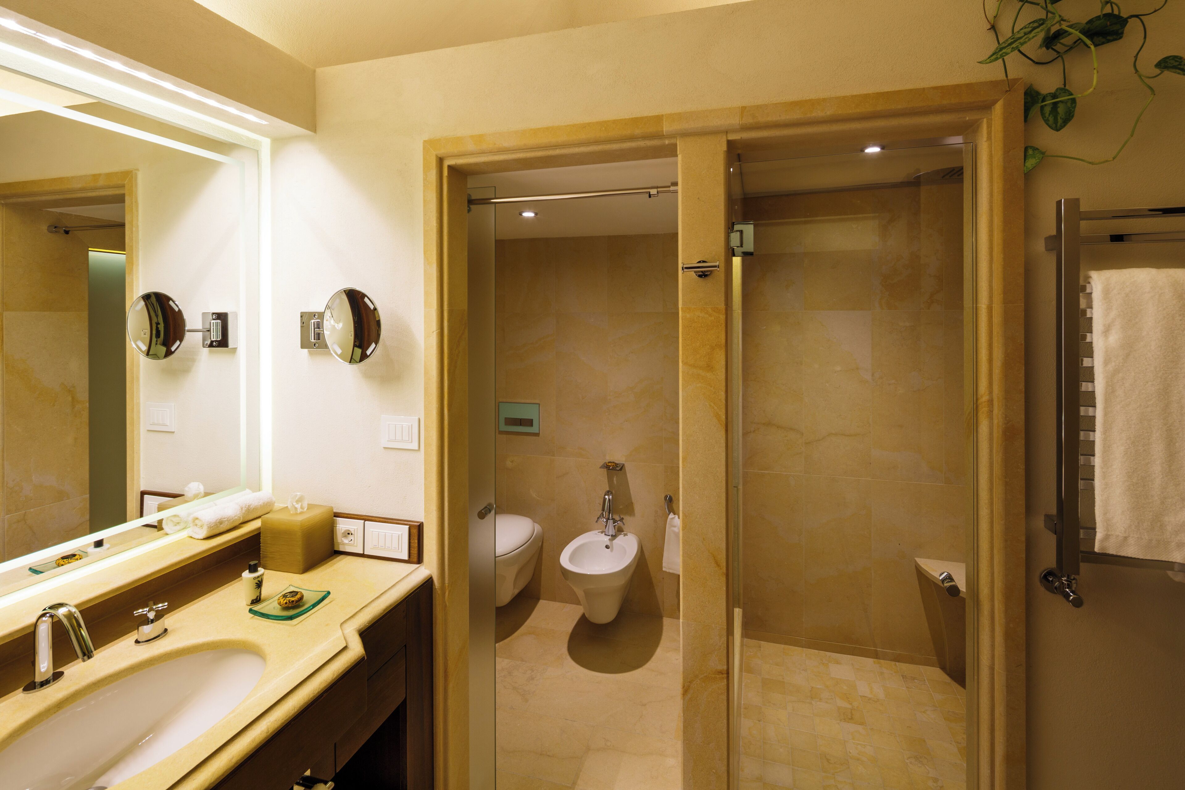 A modern bathroom with a large mirror, a sink, a bidet, and a glass-enclosed shower area.