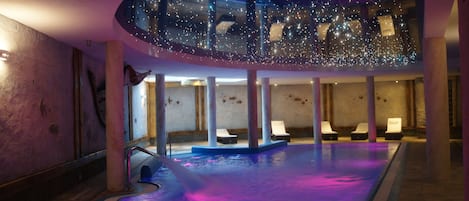 Indoor pool, open 8 AM to 9 PM, pool loungers