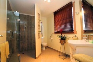 Douche, articles de toilette gratuits, sèche-cheveux, peignoirs