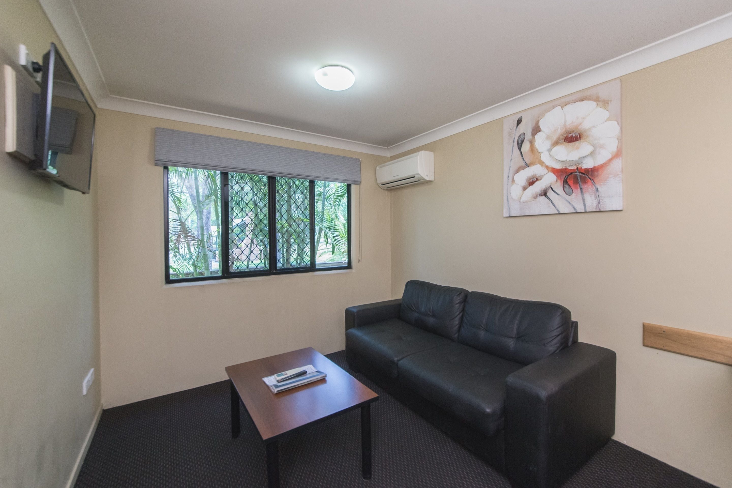 A room with a black leather sofa, a small wooden table, a window with a view of greenery, and a wall-mounted air conditioner.