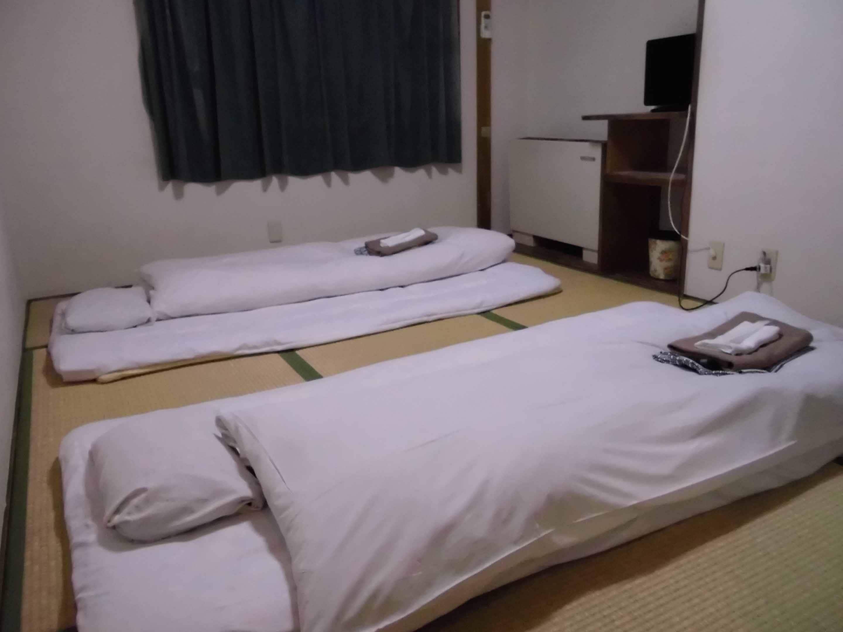 A room with two single beds, a small desk, and a television.
