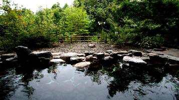 A tranquil garden with a pond, surrounded by dense foliage and a wooden fence.