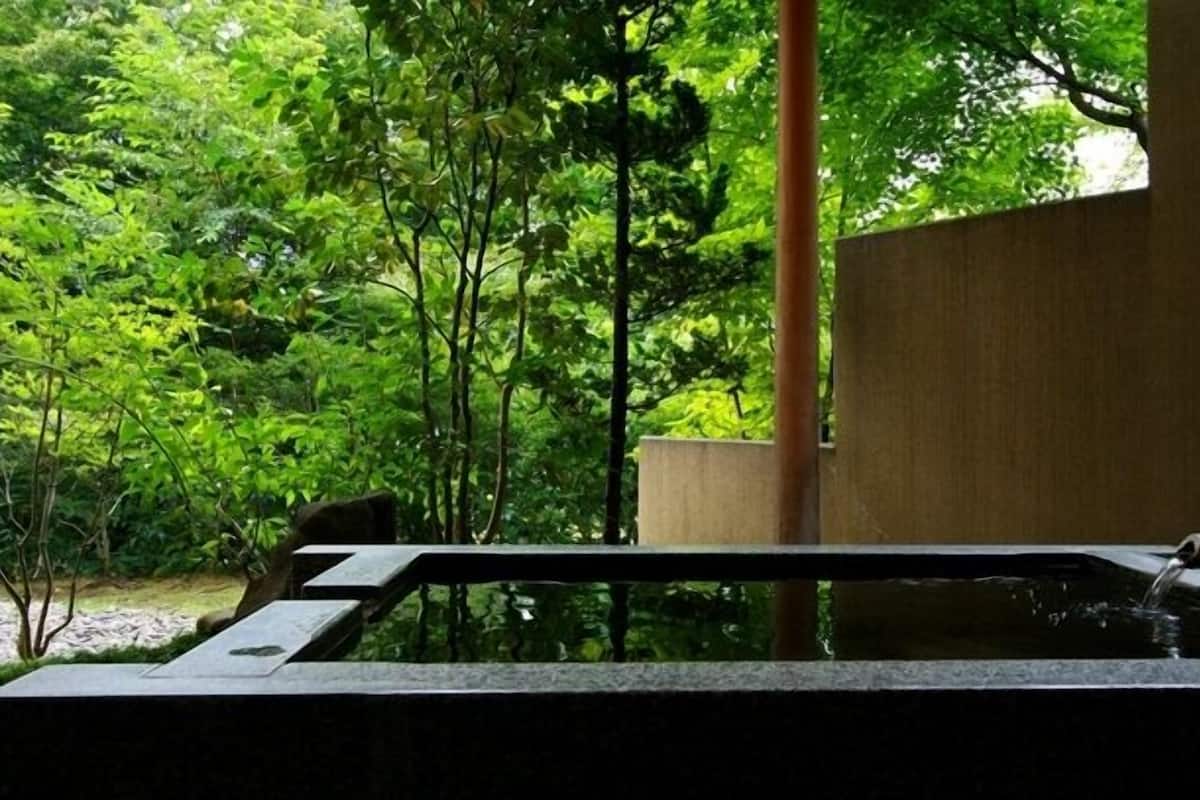 Een jacuzzi in een weelderige tuin met een houten constructie en een stenen muur.
