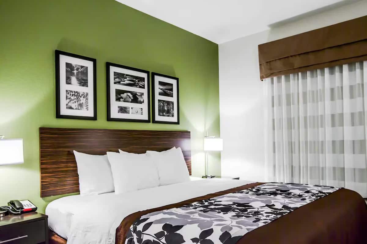 A hotel room with a bed, a nightstand with a phone, and three framed pictures on the wall.