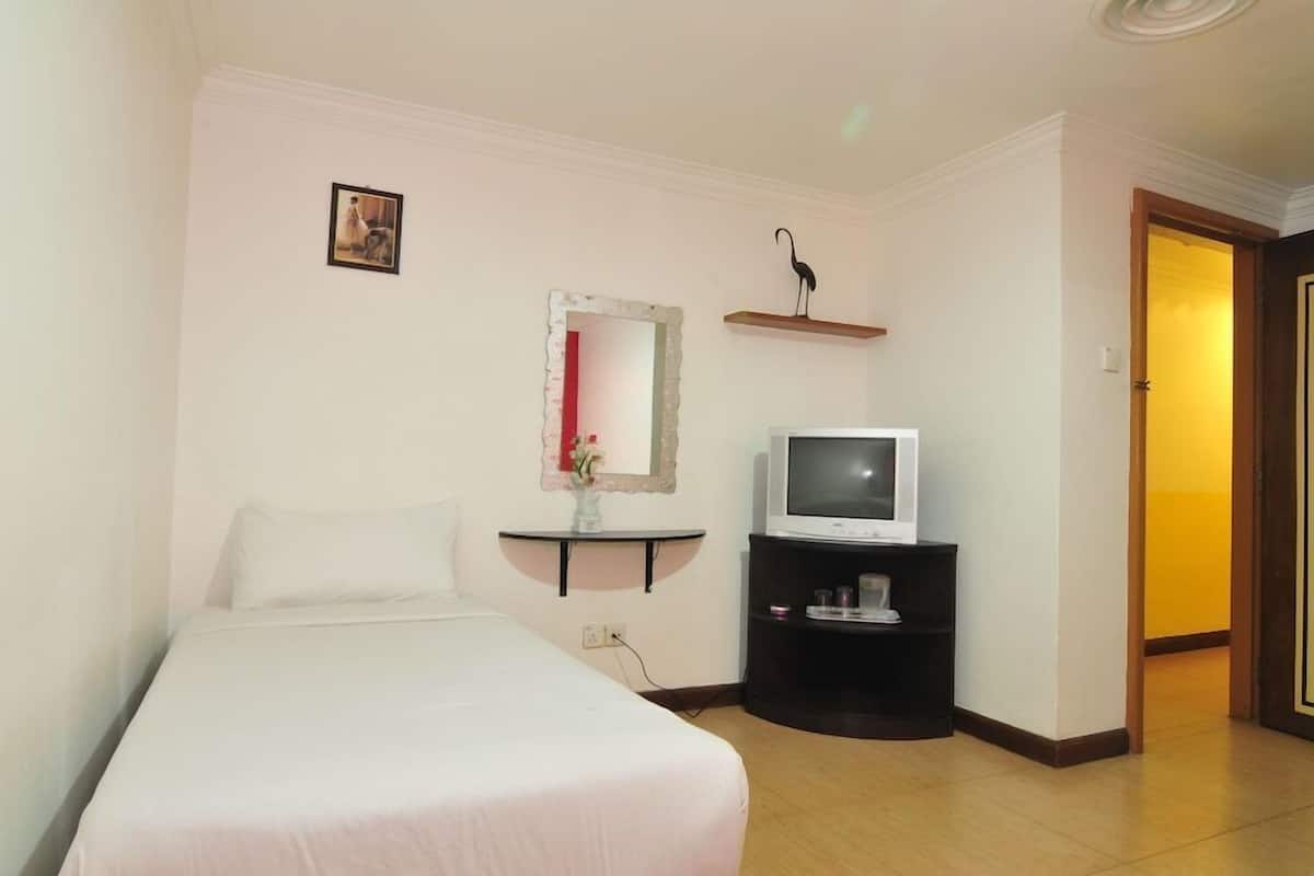 Ein Hotelzimmer mit einem Bett, einem Fernseher auf einem Schrank, einem kleinen Tisch mit einer Vase und einem Spiegel an der Wand.