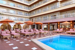 Outdoor pool, open 10:00 AM to 6:00 PM, pool umbrellas, sun loungers