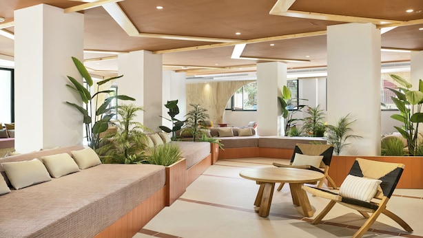 Ein stilvoller Lounge-Bereich mit einer Couch, Sesseln und einem Tisch, umgeben von üppigen Pflanzen und Säulen.