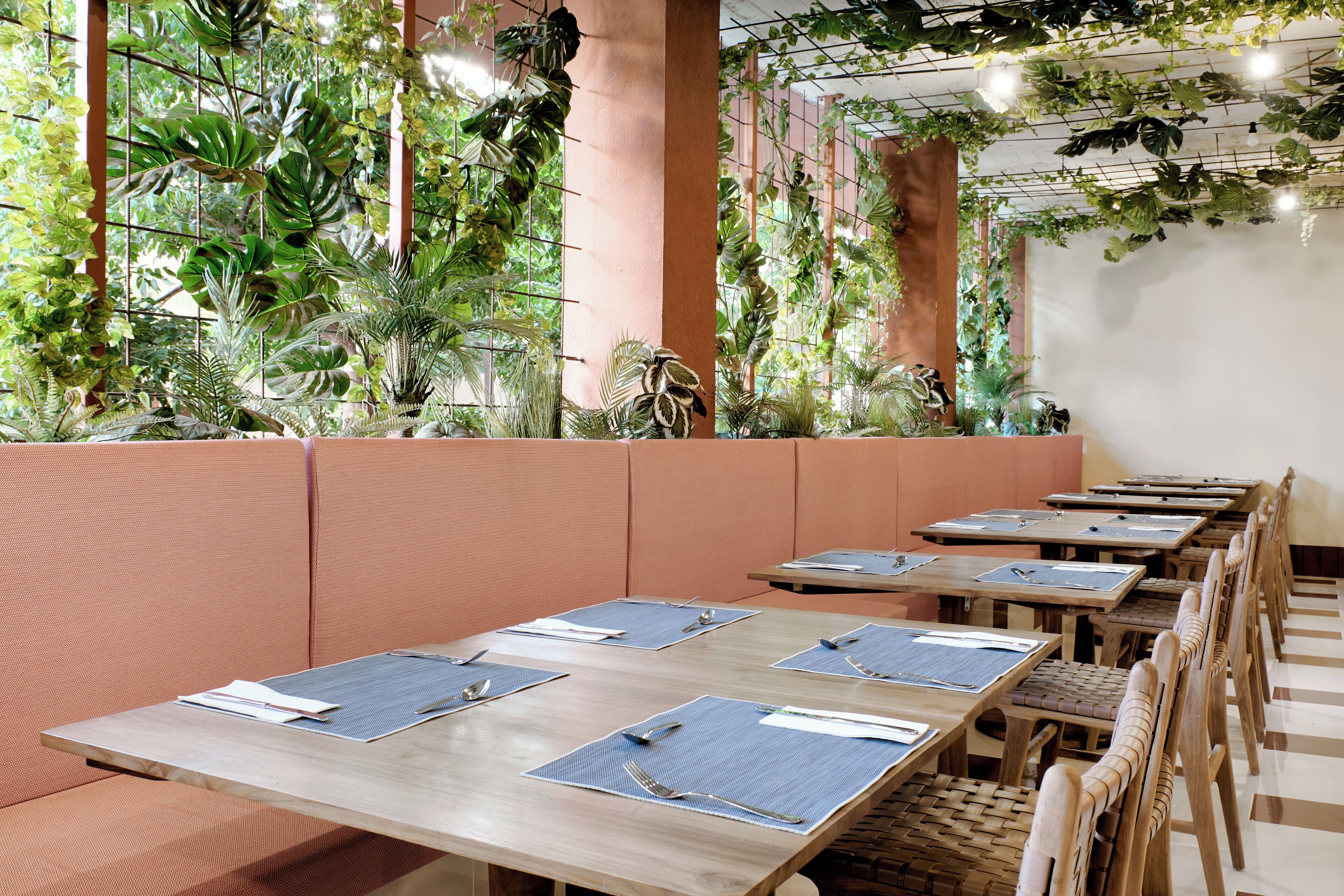 A restaurant with long wooden tables, blue placemats, and a variety of plants on the walls.