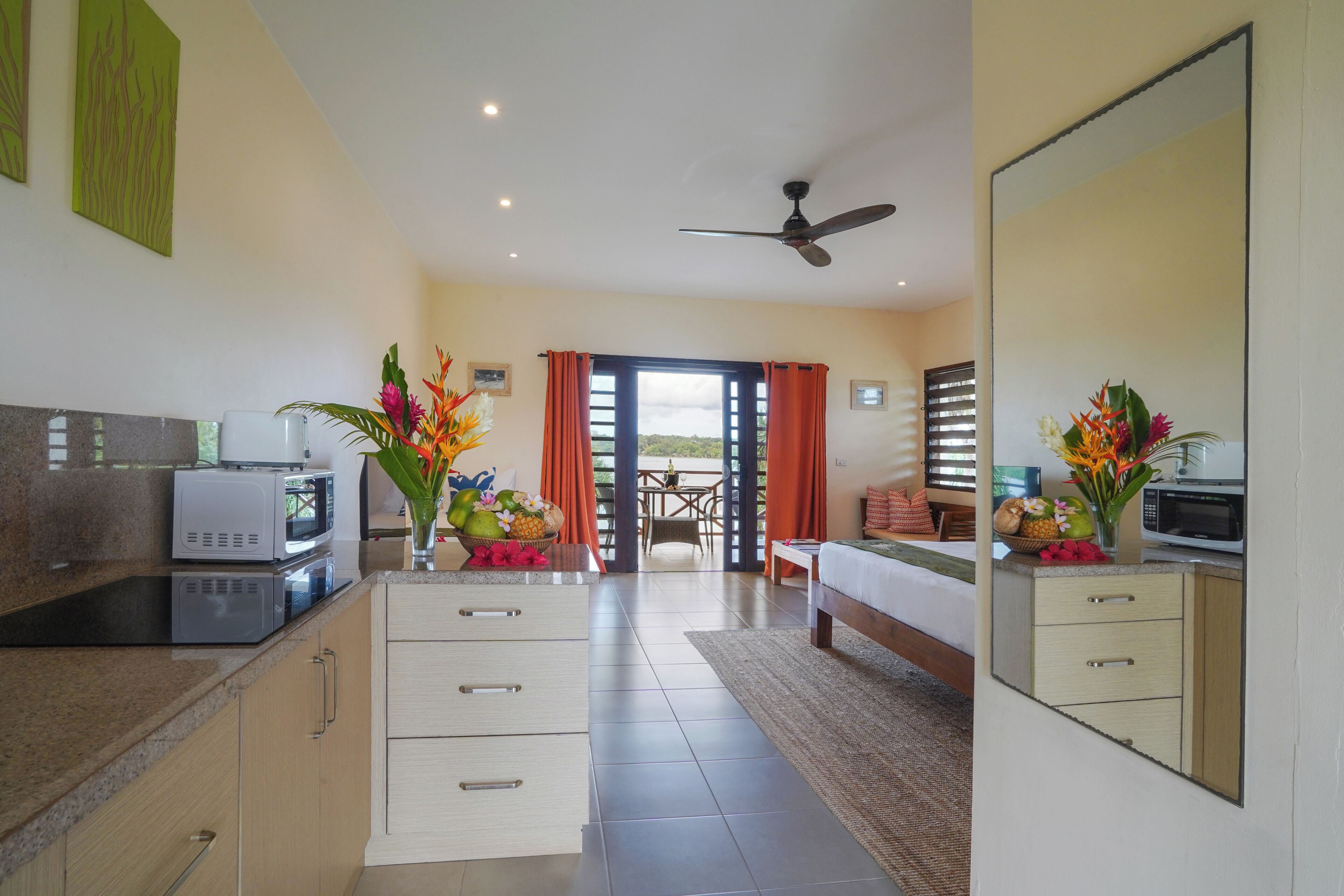 full-sized fridge, coffee/tea maker, electric kettle, toaster