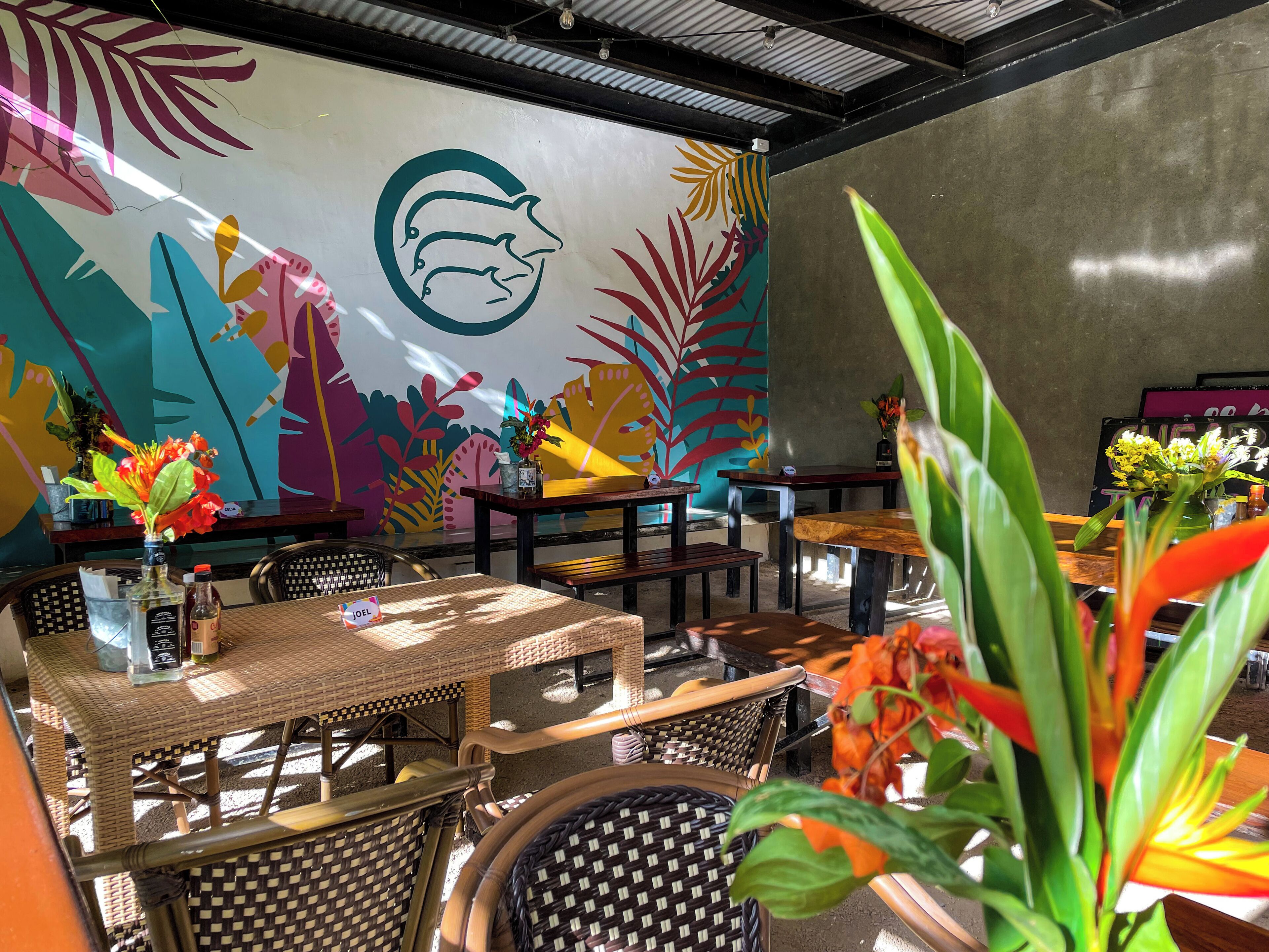 Un restaurant doté d’une terrasse, d’une fresque murale colorée et de plantes tropicales.