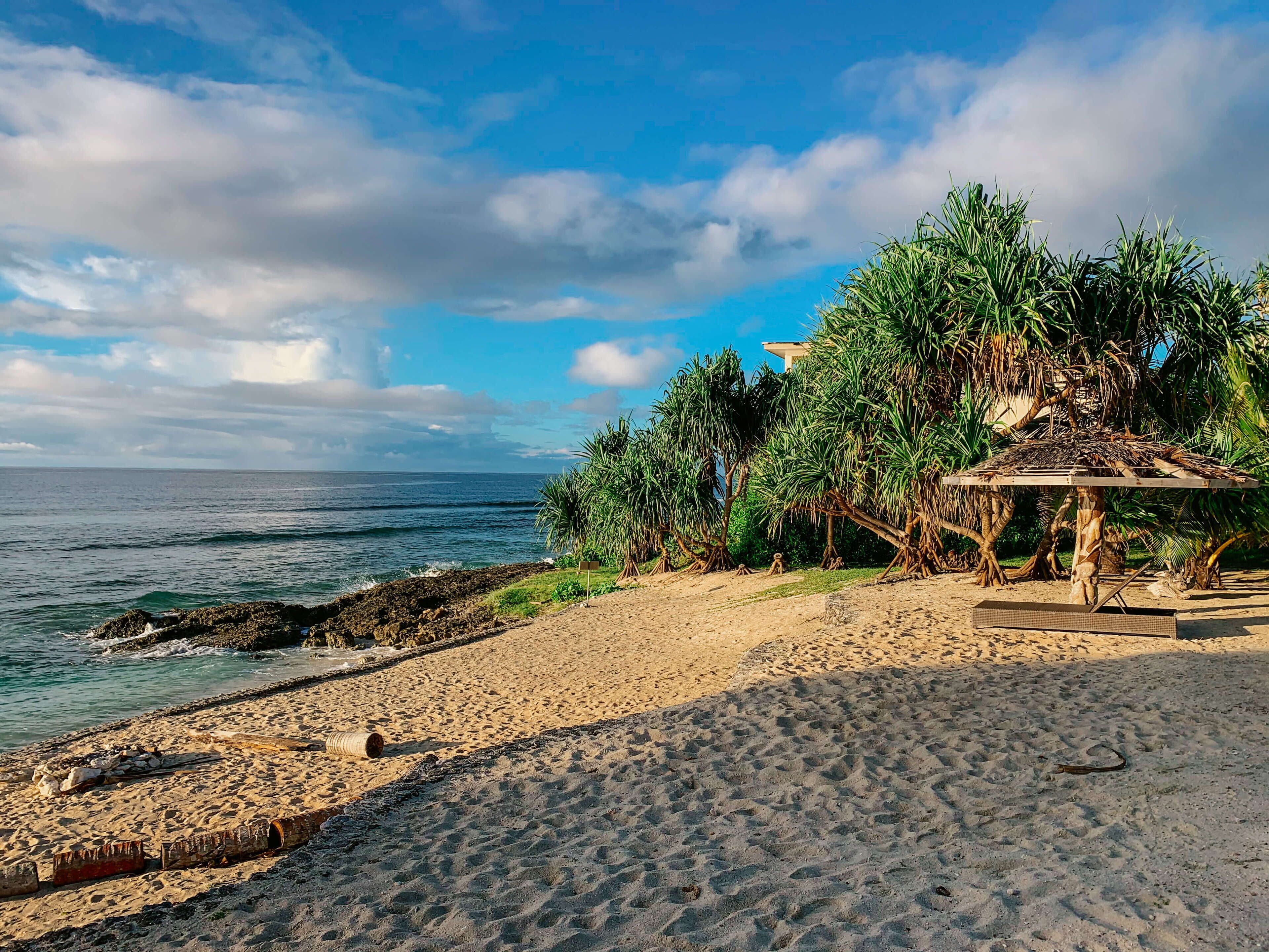 A beach with a wooden structure, palm trees, and rocky shoreline.