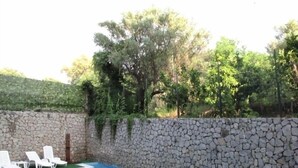 Ein Swimmingpool mit Steinwänden und weißen Liegestühlen.