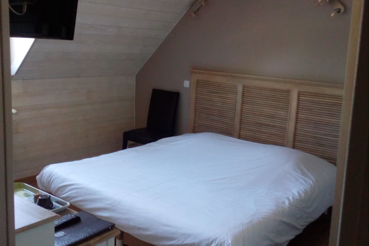 A bedroom with a bed, a desk, a chair, and a television mounted on the wall.