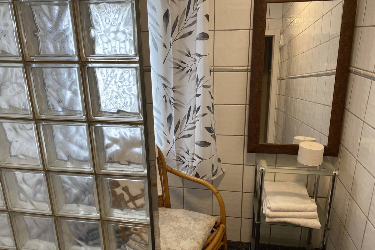 A bathroom with a glass partition, a wooden chair, a mirror, a toilet, and a towel rack.