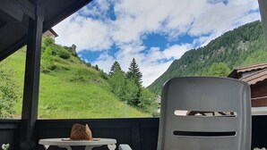 Ein überdachter Außenbereich mit Tisch und Stuhl, mit Blick auf einen grünen Hang und bewaldete Berge.