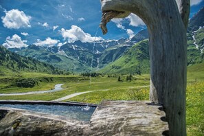 Una estructura de madera rústica con un arroyo que serpentea por un valle, rodeado de montañas y vegetación.