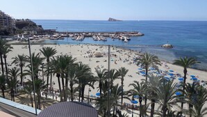 A beach with palm trees, a pier, and boats. - Hotel Montemar Benidorm (Benidorm)