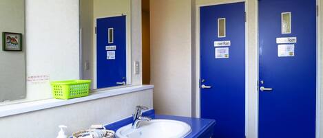 A bathroom with two blue doors labeled "Shower Room," a mirror, a sink with a soap dispenser, and a green basket on the counter.