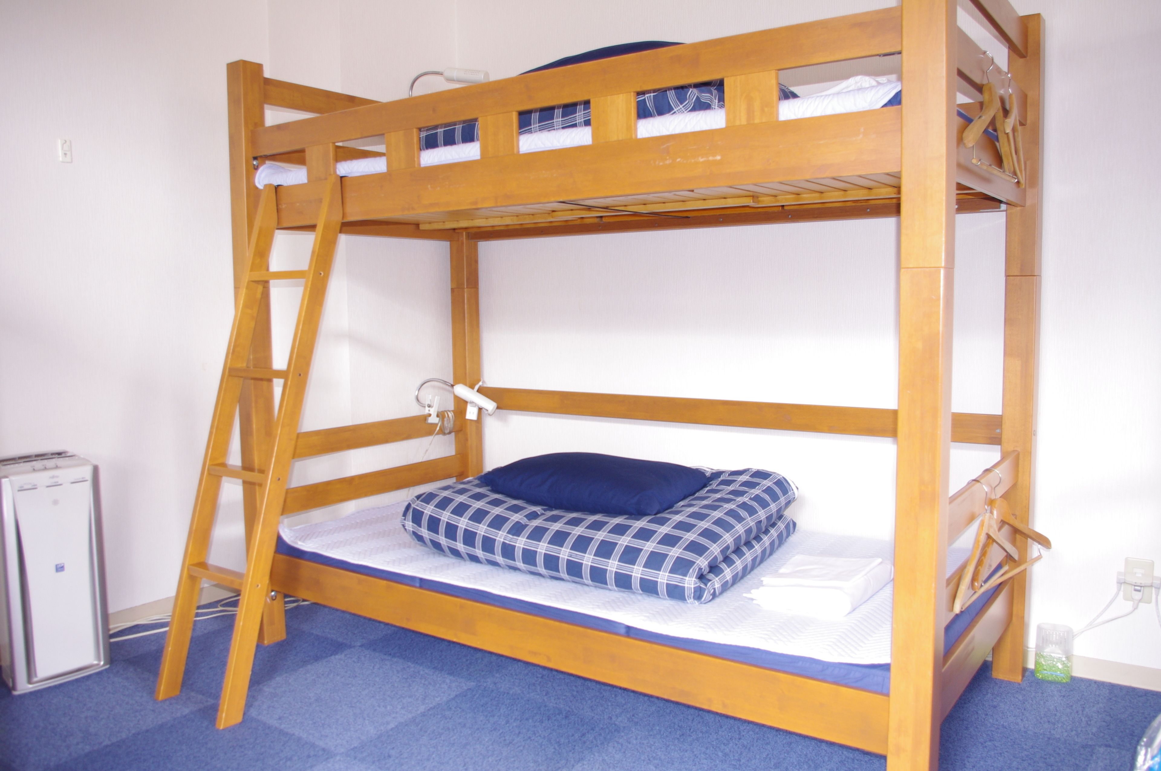 Un lit superposé avec une échelle, un matelas et un oreiller.
