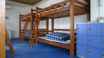 A bunk bed room with a blue carpet, a wooden ladder, and a blue filing cabinet.