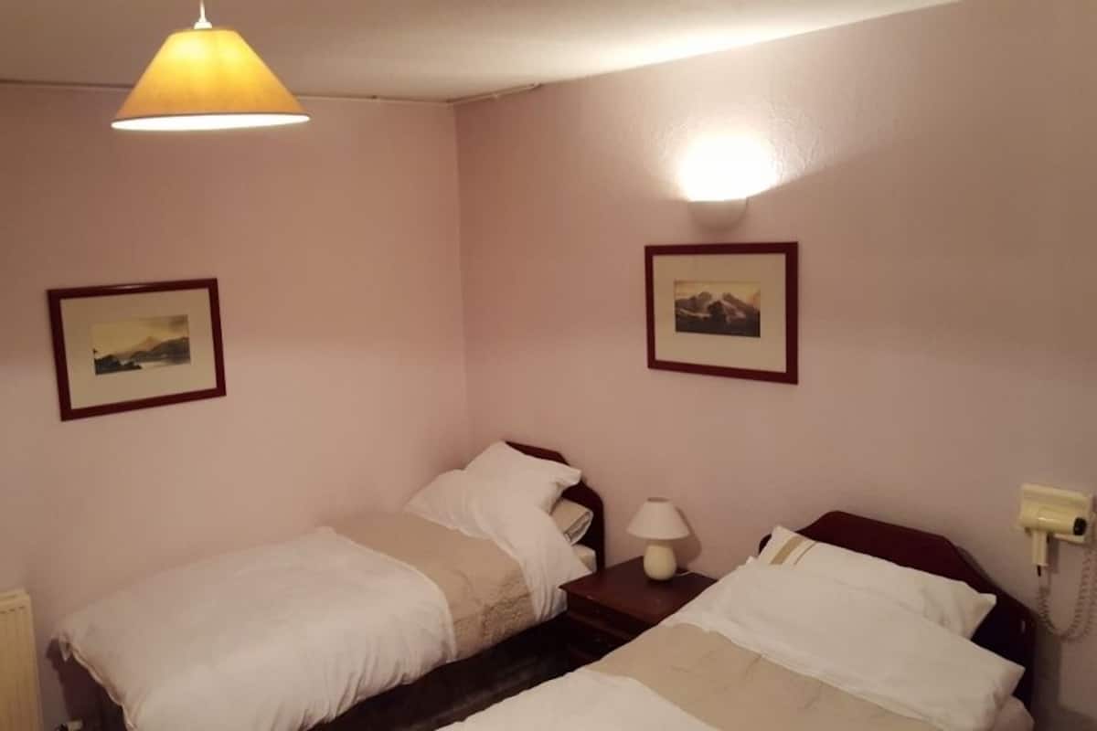 Ein Doppelzimmer mit zwei Betten, einem Nachttisch mit Lampe, einem an der Wand montierten Telefon und zwei gerahmten Bildern.