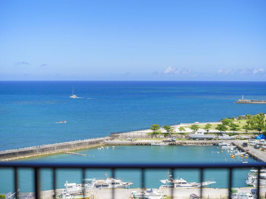 A marina with boats docked, a pier, and a clear view of the ocean.